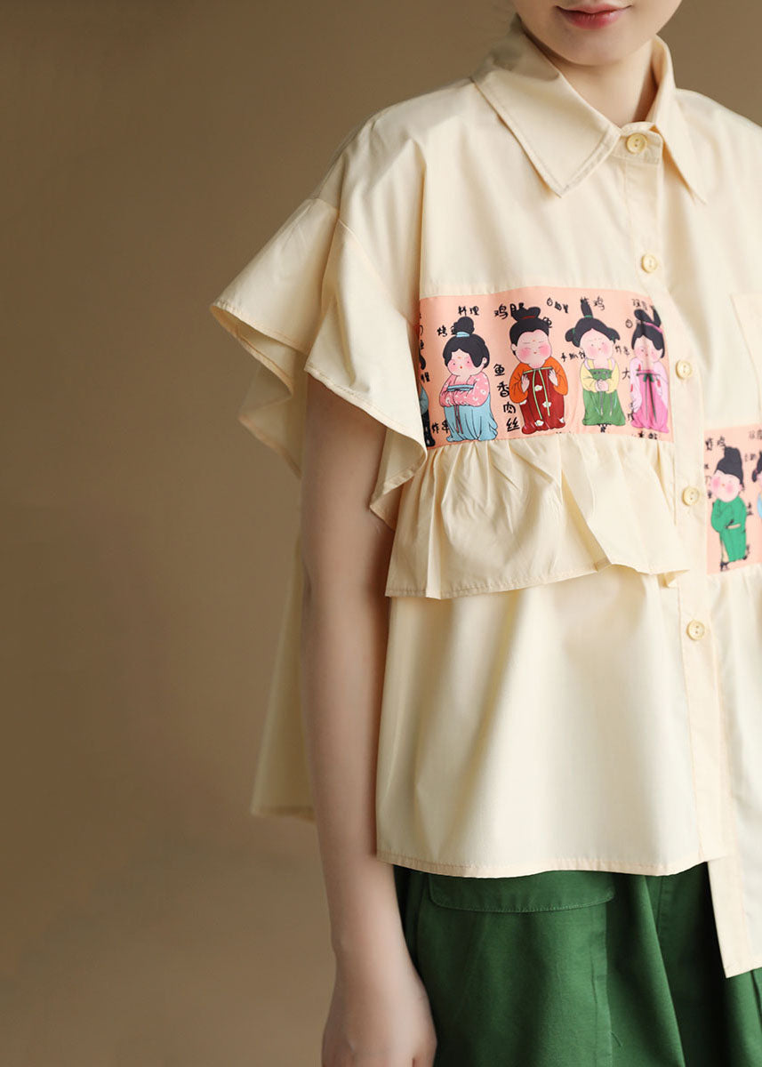 Yellow Asymmetrical Patchwork Ruffles Print Cotton Blouse Top Short Sleeve