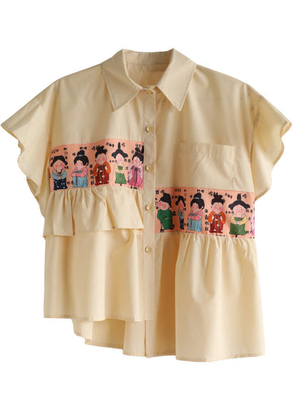 Yellow Asymmetrical Patchwork Ruffles Print Cotton Blouse Top Short Sleeve