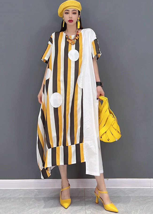 Yellow Asymmetrical Striped Print Patchwork Cotton Maxi Dresses Short Sleeve