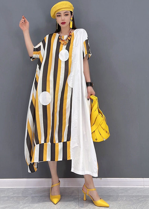Yellow Asymmetrical Striped Print Patchwork Cotton Maxi Dresses Short Sleeve