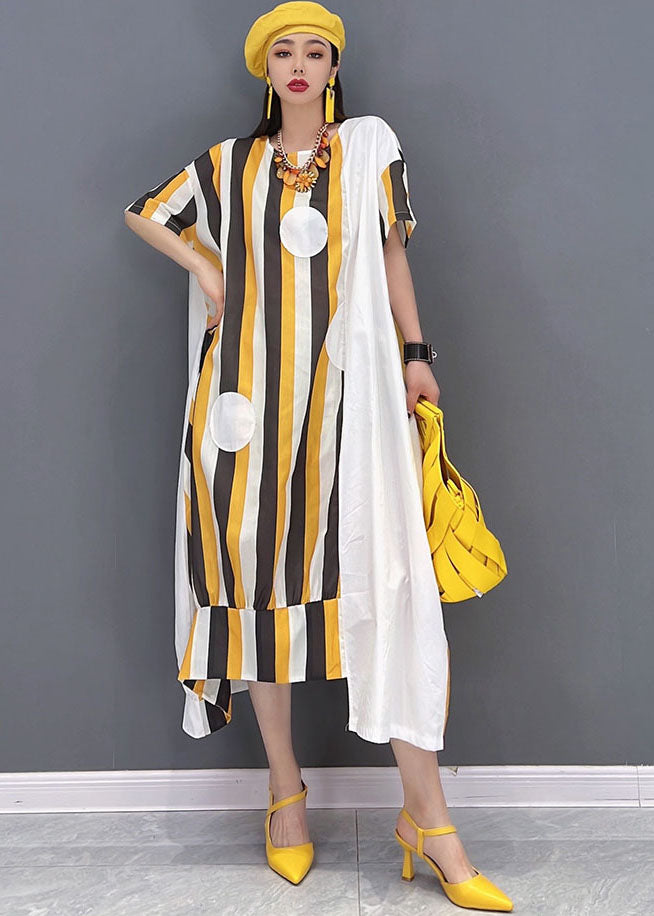 Yellow Asymmetrical Striped Print Patchwork Cotton Maxi Dresses Short Sleeve