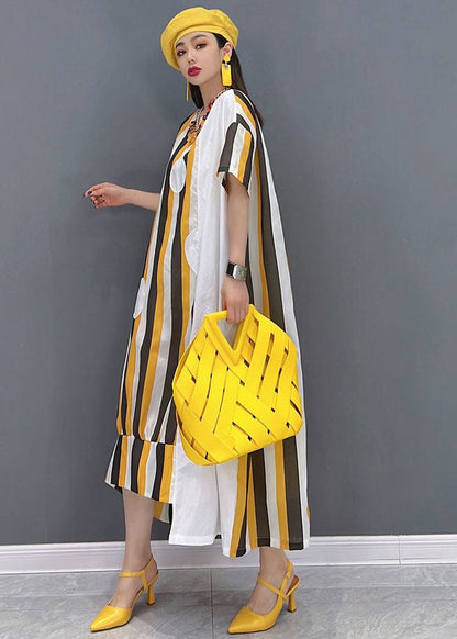 Yellow Asymmetrical Striped Print Patchwork Cotton Maxi Dresses Short Sleeve