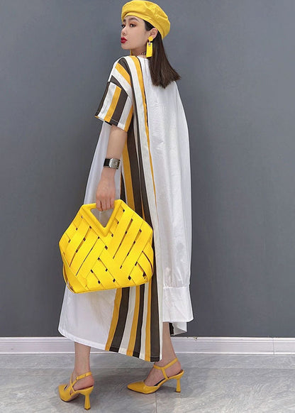 Yellow Asymmetrical Striped Print Patchwork Cotton Maxi Dresses Short Sleeve