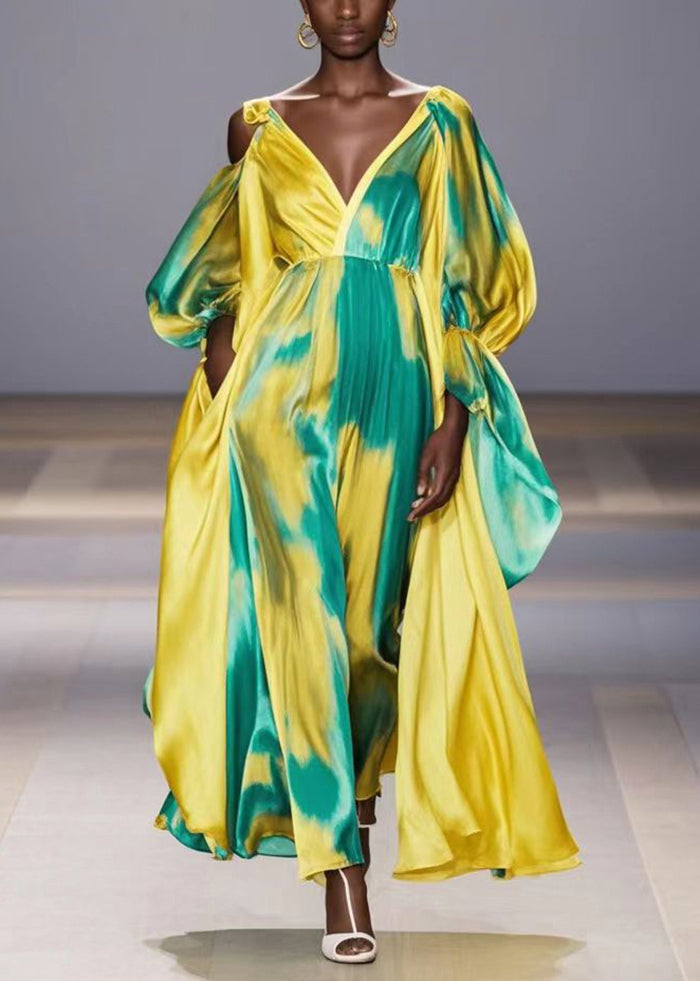 Yellow Asymmetrical Tie Dye One Shoulder Party Dress Spring