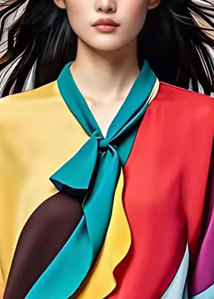 Yellow Bow Wrinkled Patchwork Chiffon Shirt Summer