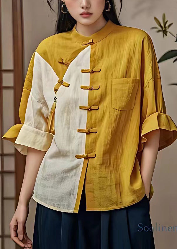 Yellow Button Pockets Patchwork Cotton Shirt Flare Sleeve