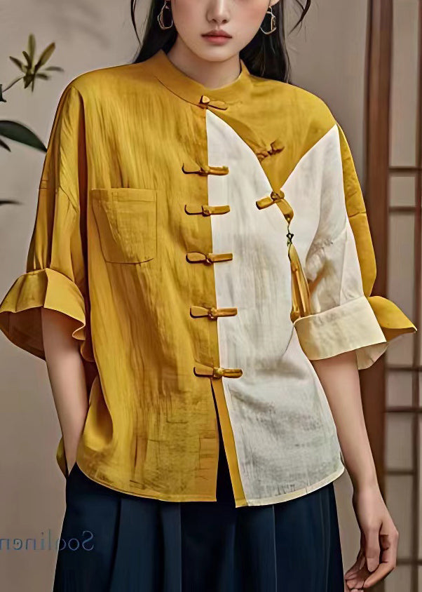 Yellow Button Pockets Patchwork Cotton Shirt Flare Sleeve