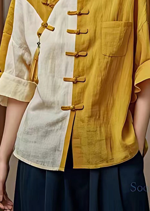 Yellow Button Pockets Patchwork Cotton Shirt Flare Sleeve
