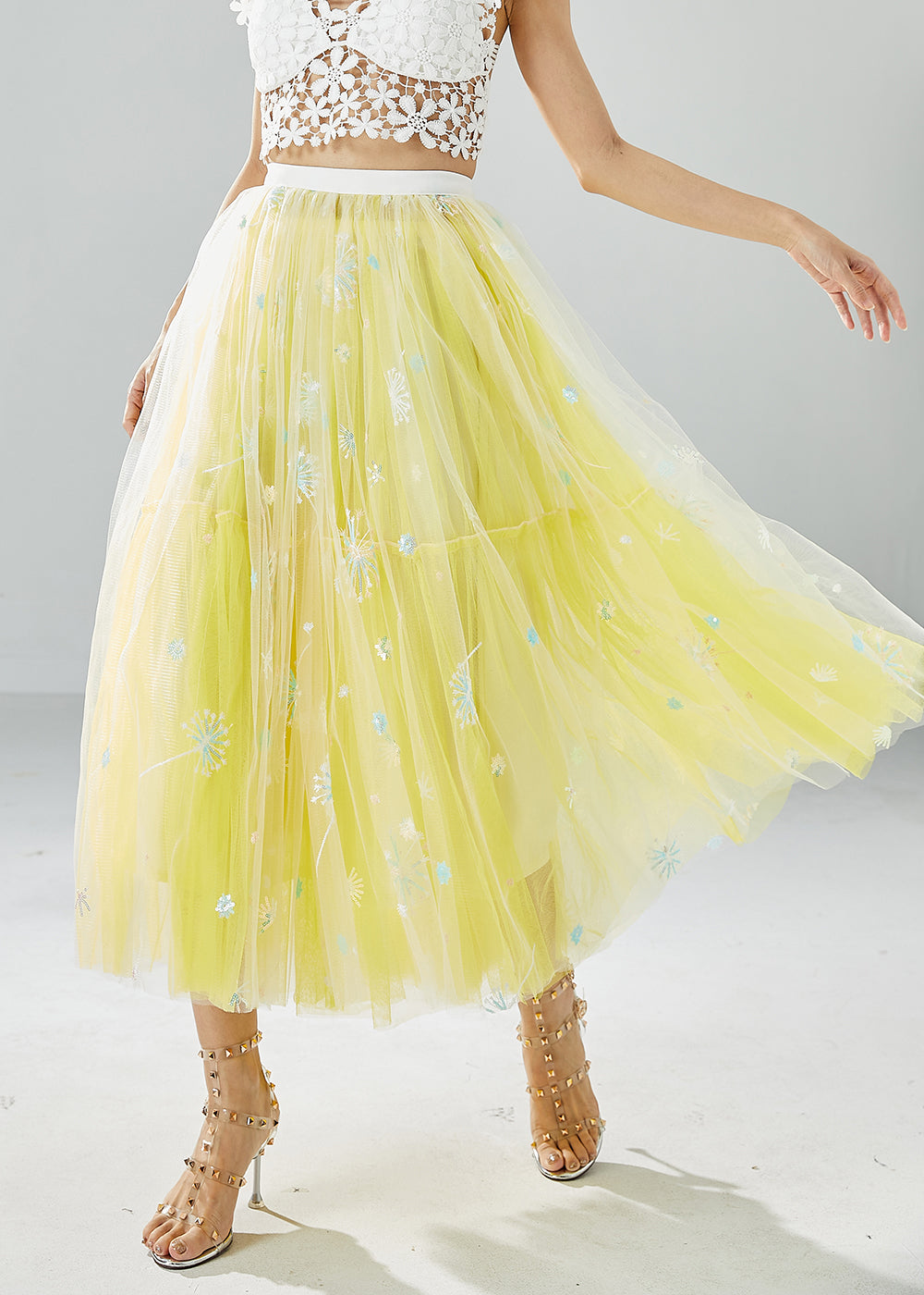 Yellow Dandelion Embroideried Wear on Both Sides Tulle Skirts Summer