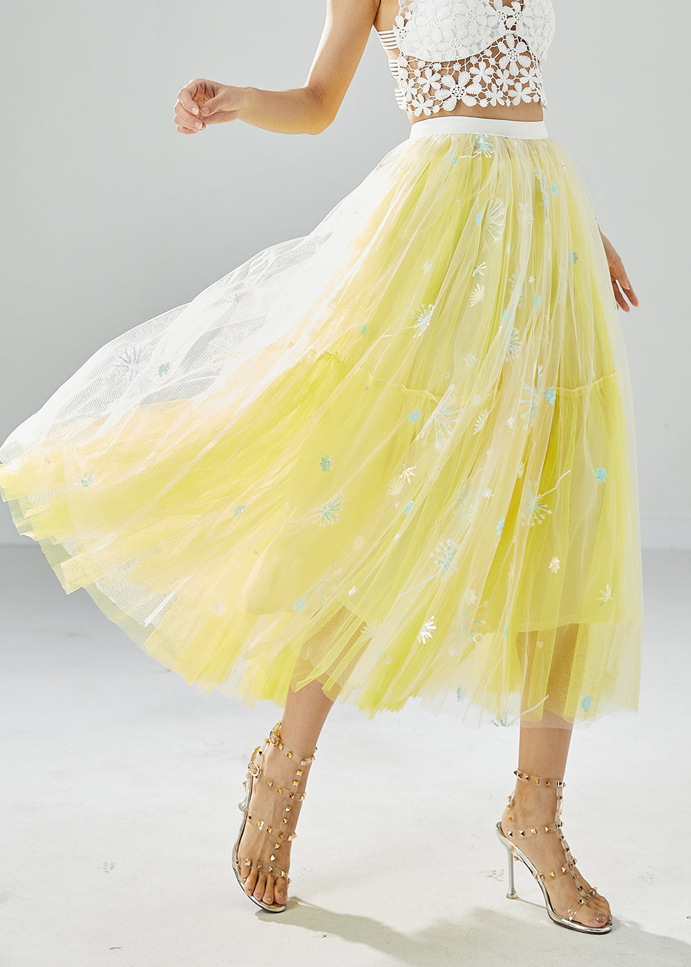 Yellow Dandelion Embroideried Wear on Both Sides Tulle Skirts Summer