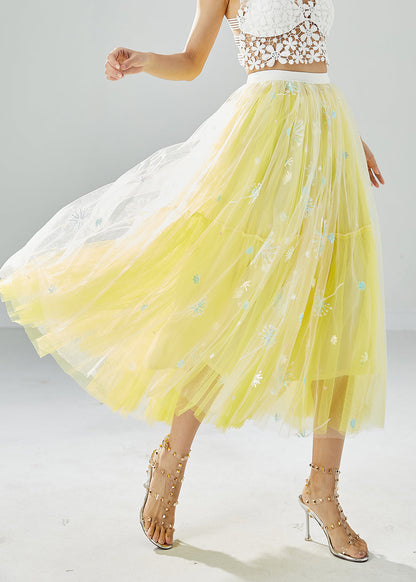 Yellow Dandelion Embroideried Wear on Both Sides Tulle Skirts Summer