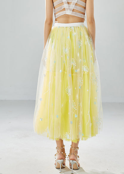 Yellow Dandelion Embroideried Wear on Both Sides Tulle Skirts Summer