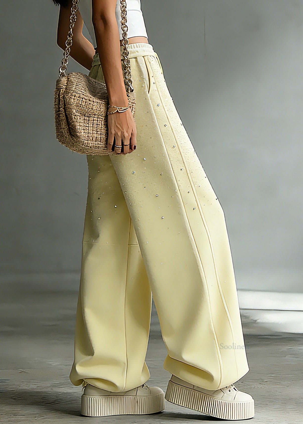 Yellow Drawstring Pockets Patchwork Rivet Lantern Pants Spring