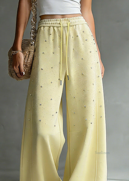 Yellow Drawstring Pockets Patchwork Rivet Lantern Pants Spring