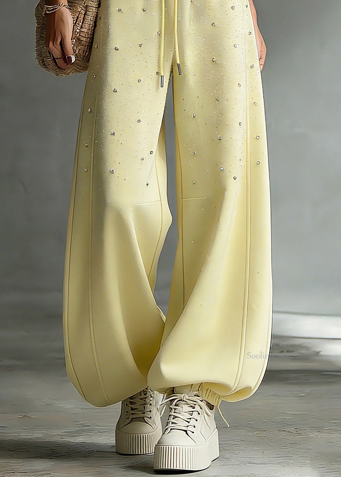 Yellow Drawstring Pockets Patchwork Rivet Lantern Pants Spring