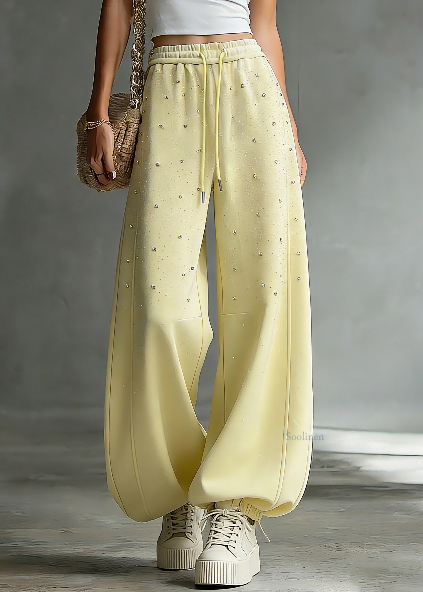 Yellow Drawstring Pockets Patchwork Rivet Lantern Pants Spring