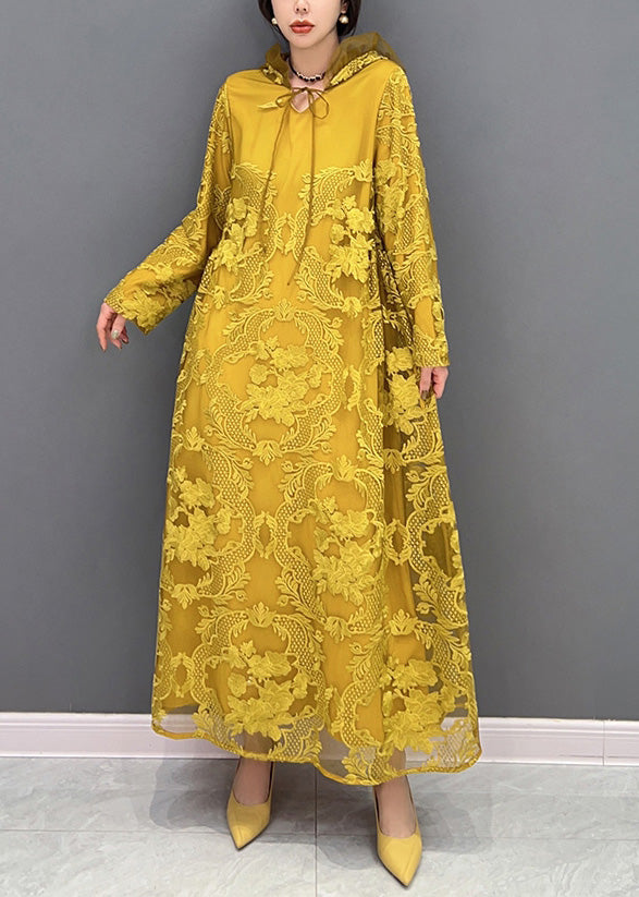 Yellow Embroideried Neck Tie Tulle Maxi Dresses Long Sleeve