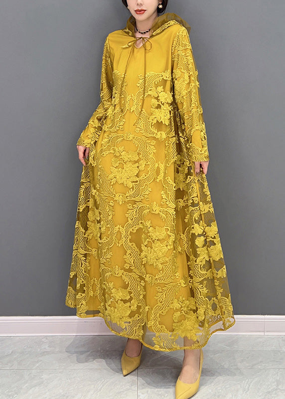 Yellow Embroideried Neck Tie Tulle Maxi Dresses Long Sleeve