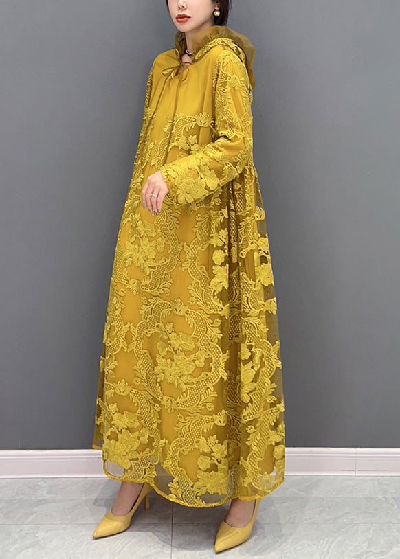 Yellow Embroideried Neck Tie Tulle Maxi Dresses Long Sleeve