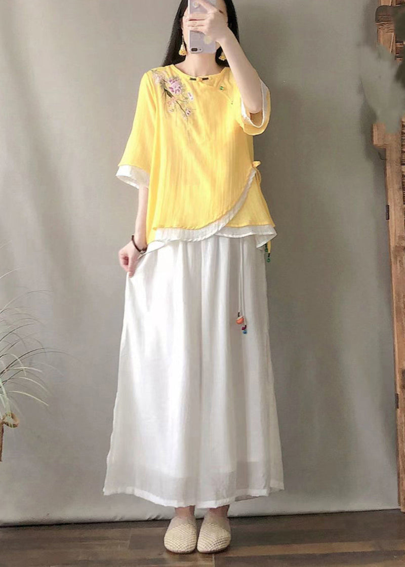 Yellow Embroideried Patchwork Linen Shirt Tops Summer