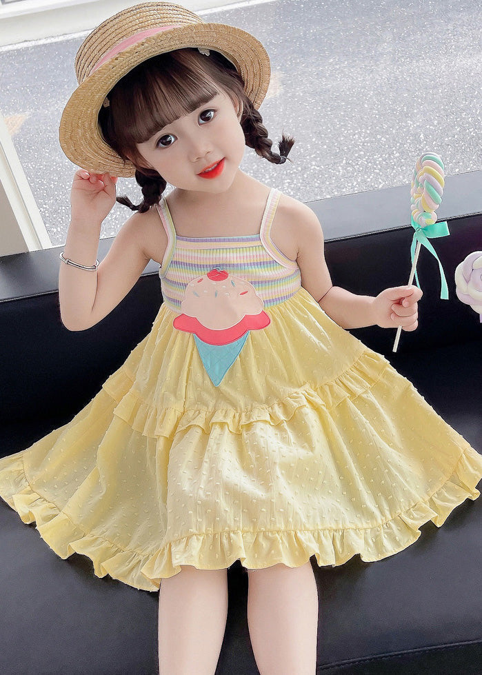 Yellow Embroideried Ruffled Patchwork Slip Mid Dress Sleeveless