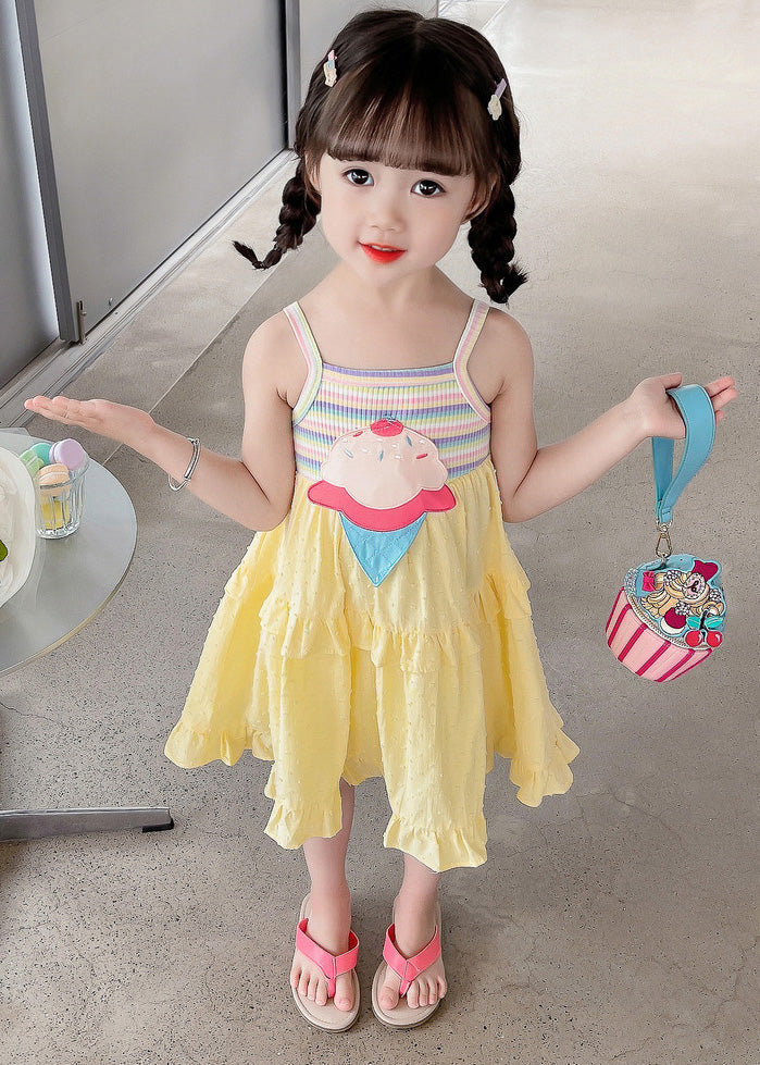 Yellow Embroideried Ruffled Patchwork Slip Mid Dress Sleeveless