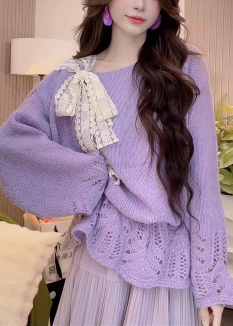 Yellow Hollow Out Bow Knit Sweaters Spring