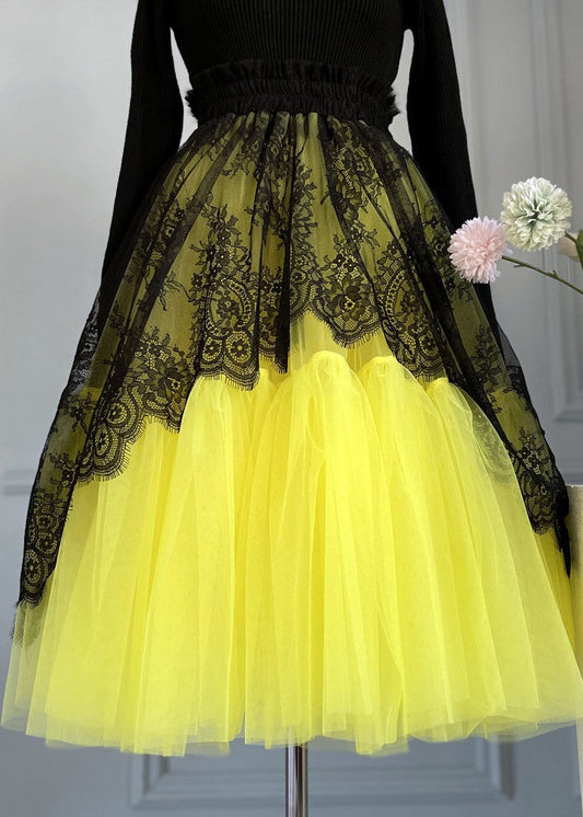 Yellow Lace Elastic Waist Patchwork Tulle Skirts Summer