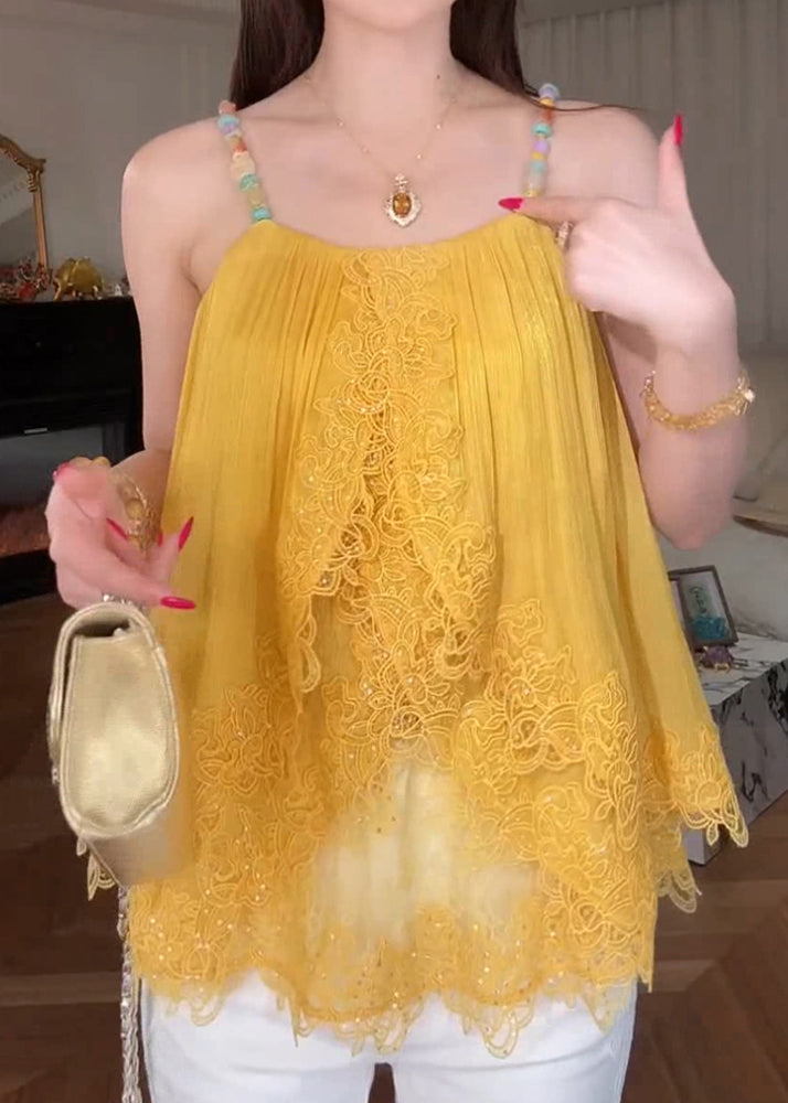 Yellow Lace Patchwork Spaghetti Strap Tops Summer