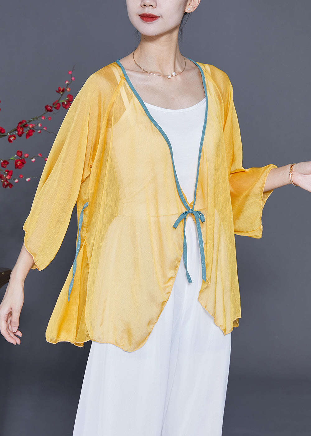 Yellow Lace Up Hollow Out Chiffon Blouses Bracelet Sleeve