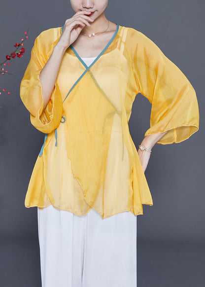 Yellow Lace Up Hollow Out Chiffon Blouses Bracelet Sleeve