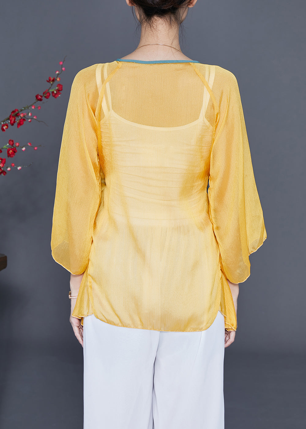 Yellow Lace Up Hollow Out Chiffon Blouses Bracelet Sleeve