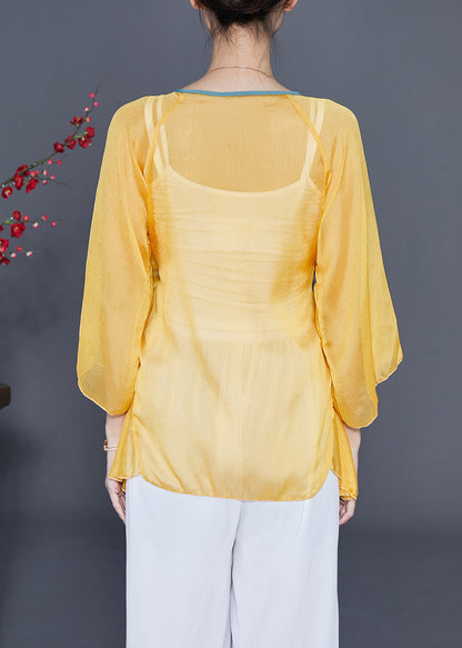 Yellow Lace Up Hollow Out Chiffon Blouses Bracelet Sleeve