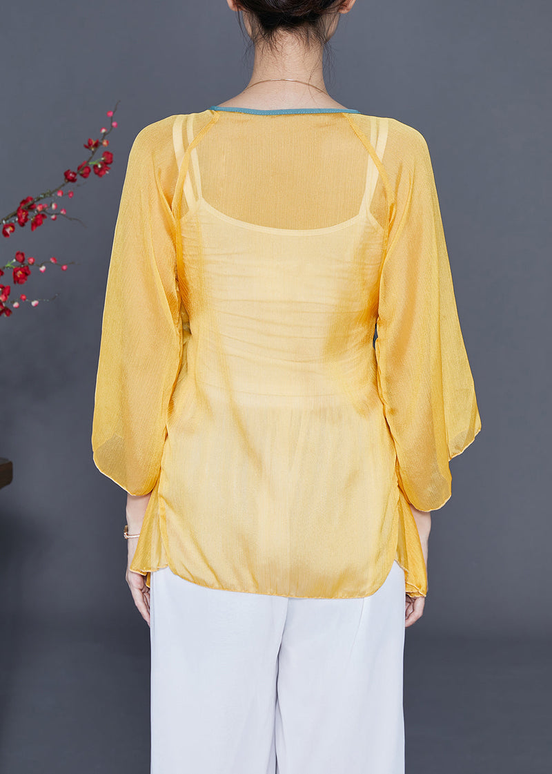 Yellow Lace Up Hollow Out Chiffon Blouses Bracelet Sleeve