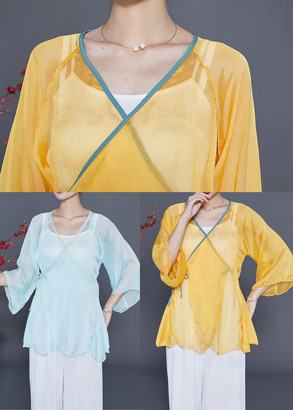 Yellow Lace Up Hollow Out Chiffon Blouses Bracelet Sleeve