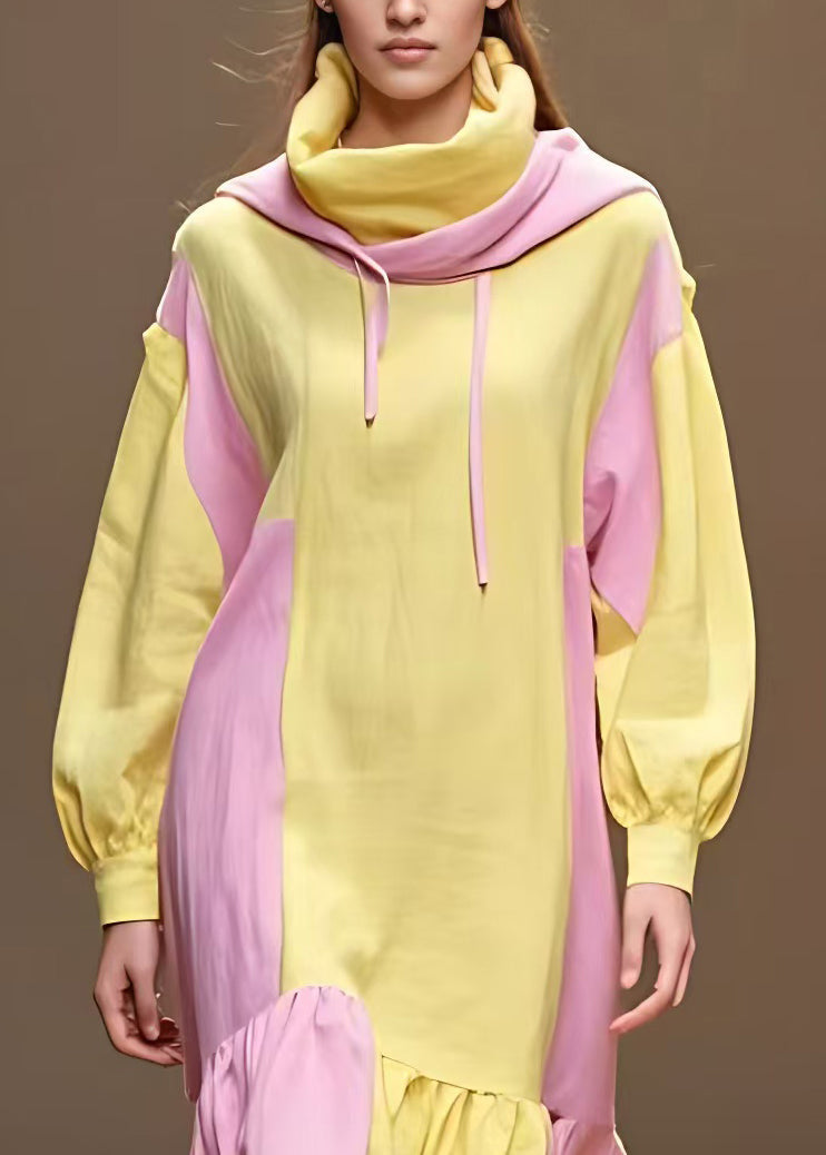 Yellow Lace Up Patchwork Cotton Long Dresses Fall