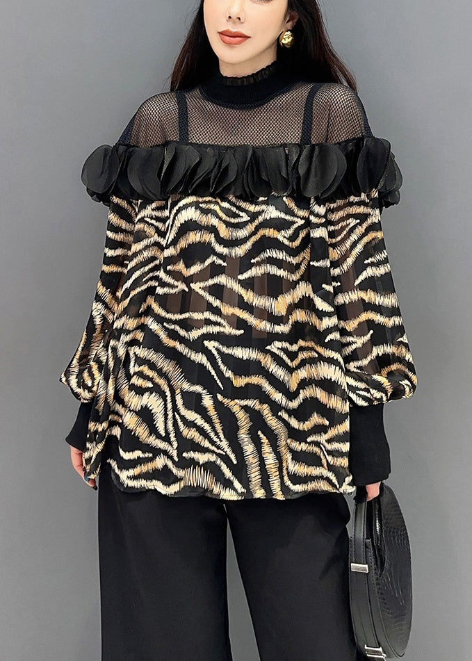 Yellow Leopard Tulle Patchwork Chiffon Top Long Sleeve