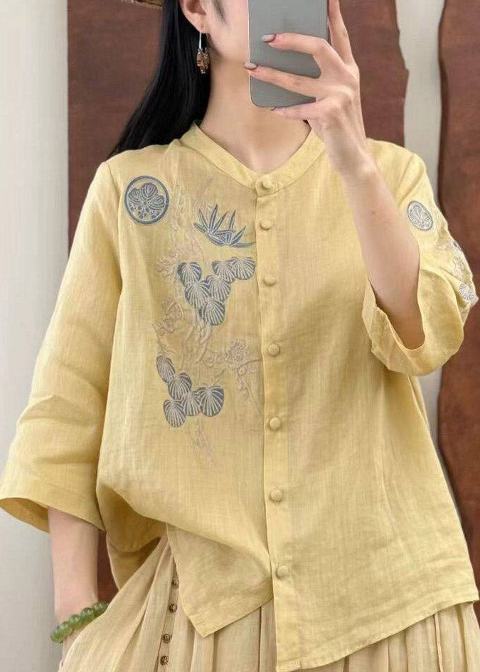 Yellow O-neck Embroidered Button Linen Top Three Quarter Sleeve