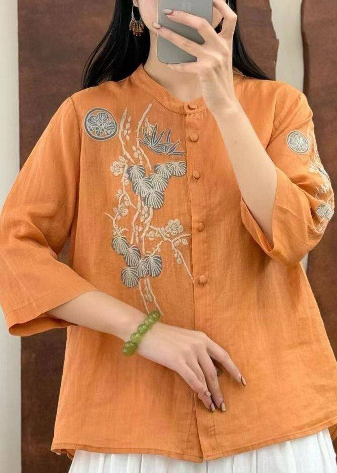 Yellow O-neck Embroidered Button Linen Top Three Quarter Sleeve