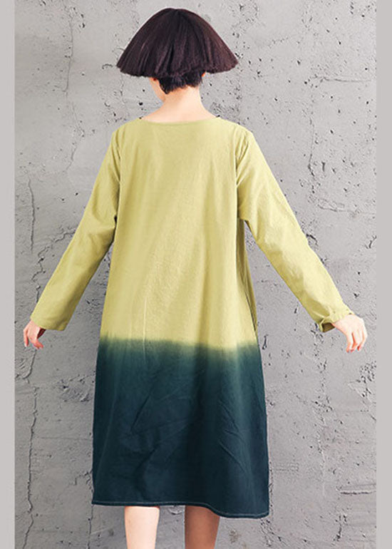 Yellow O-neck Gradient Color Cotton Dress Spring