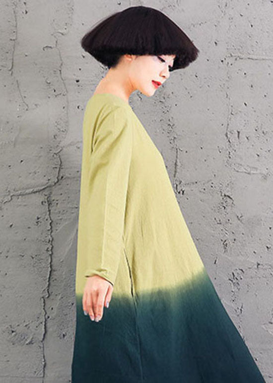 Yellow O-neck Gradient Color Cotton Dress Spring