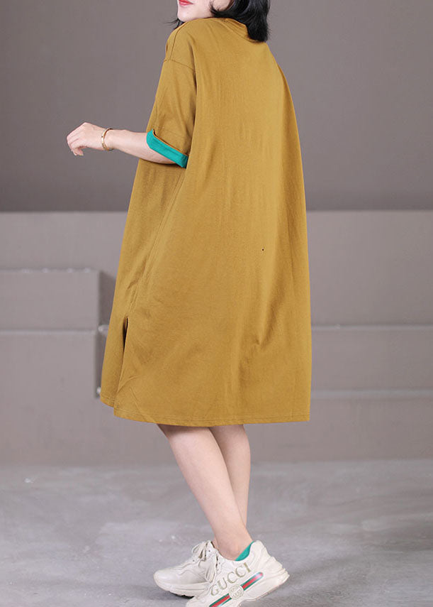 Yellow O-neck Patchwork Applique Side Open Cotton Maxi Dress Short Sleeve
