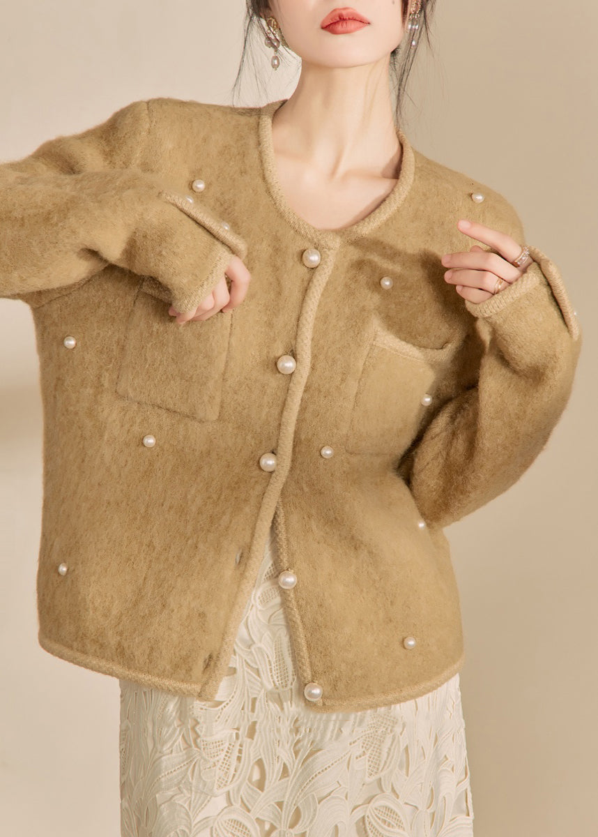 Yellow O Neck Pockets Button Woolen Coat Spring