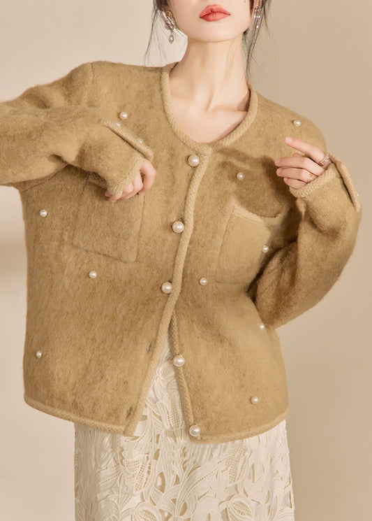 Yellow O Neck Pockets Button Woolen Coat Spring