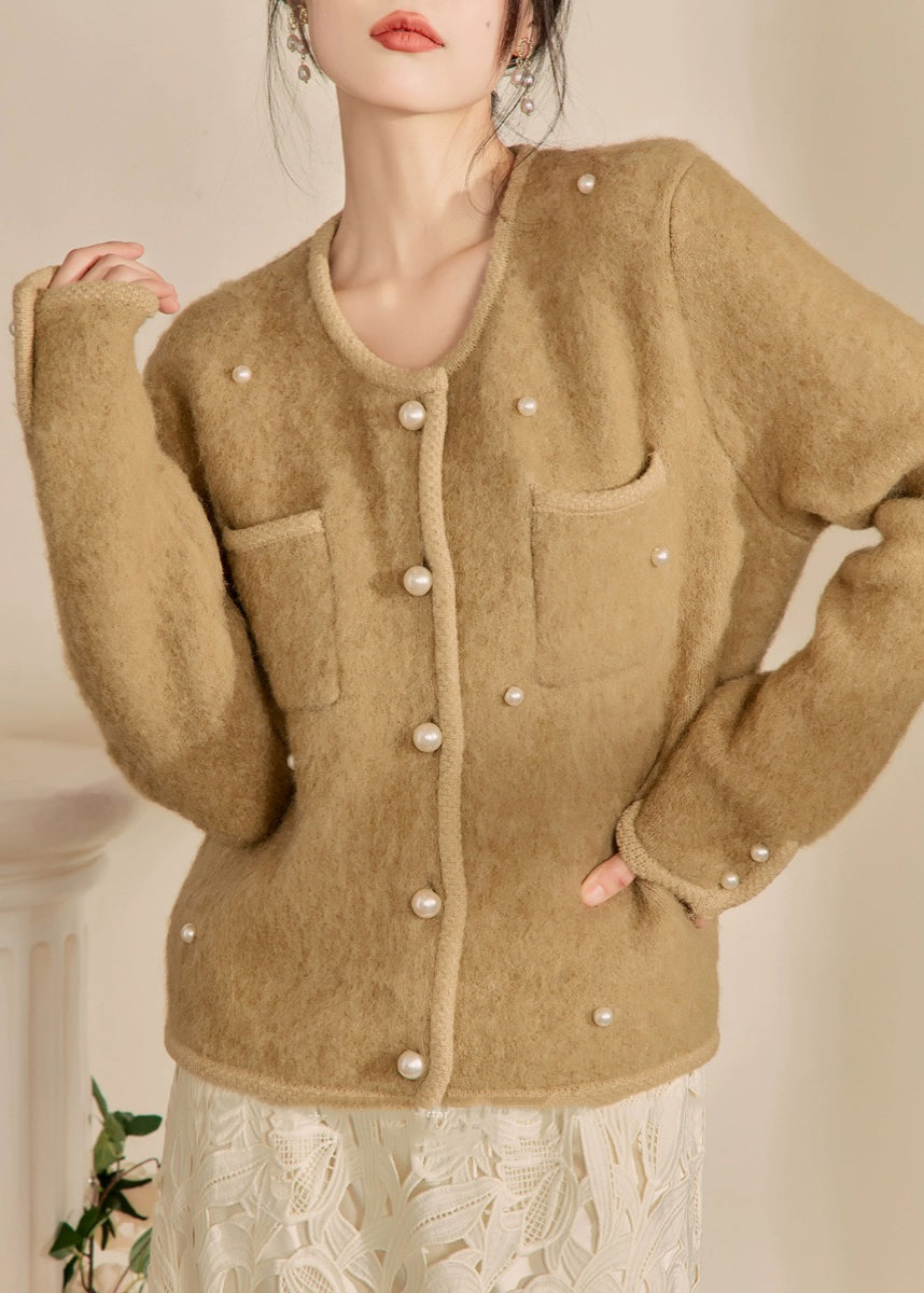 Yellow O Neck Pockets Button Woolen Coat Spring