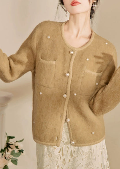 Yellow O Neck Pockets Button Woolen Coat Spring