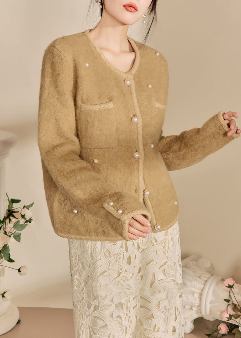 Yellow O Neck Pockets Button Woolen Coat Spring