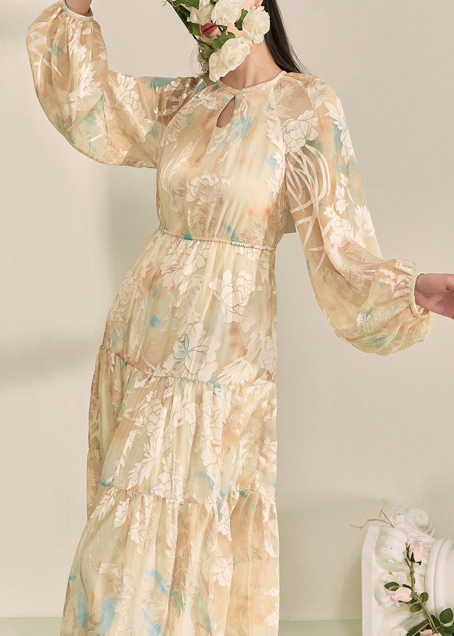 Yellow O-neck Print Long Dresses Lantern Sleeve