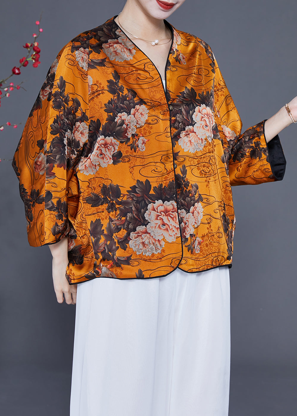 Yellow Oversized Print Silk Tops Bracelet Sleeve