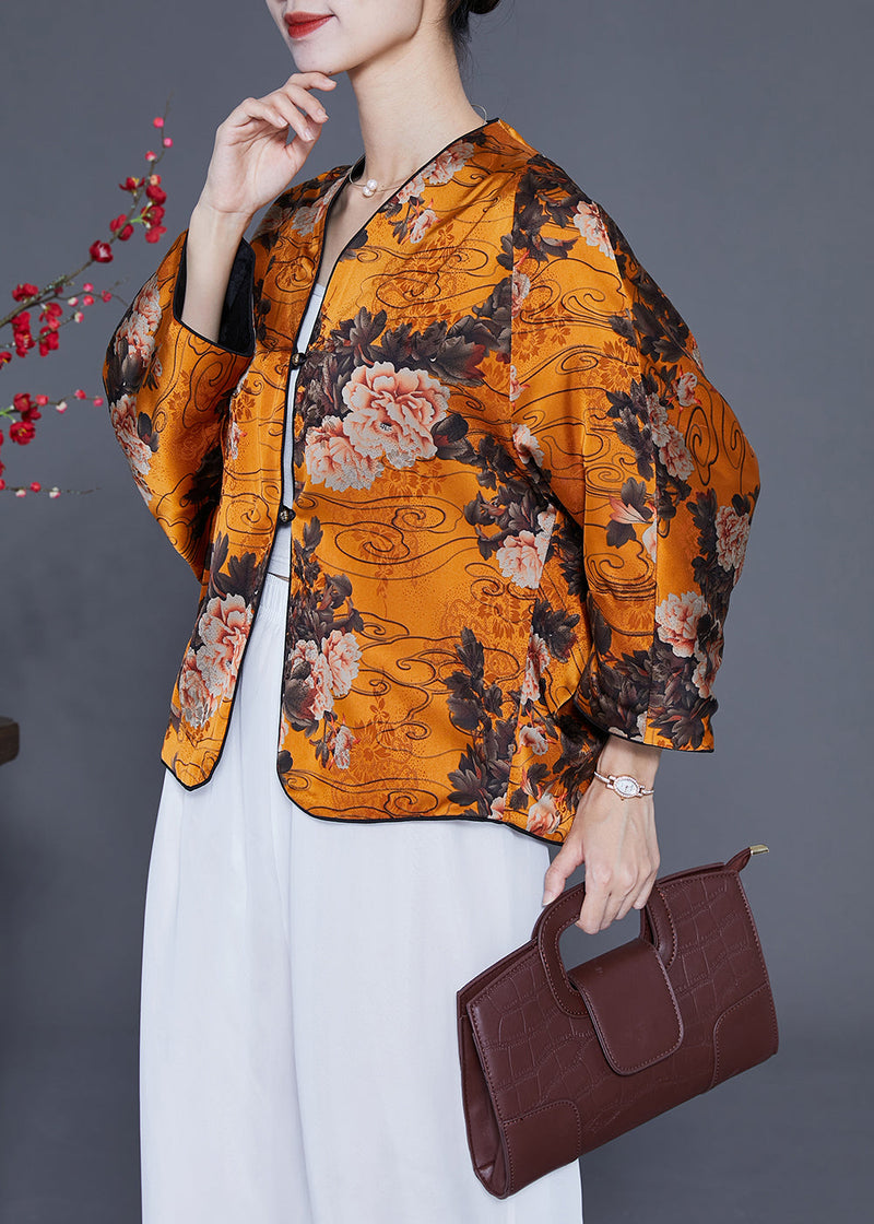 Yellow Oversized Print Silk Tops Bracelet Sleeve